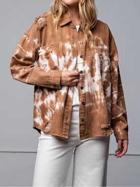 NWT easel Brown and White Tie-Dye Button-Up Shacket, 100% Cotton, size M